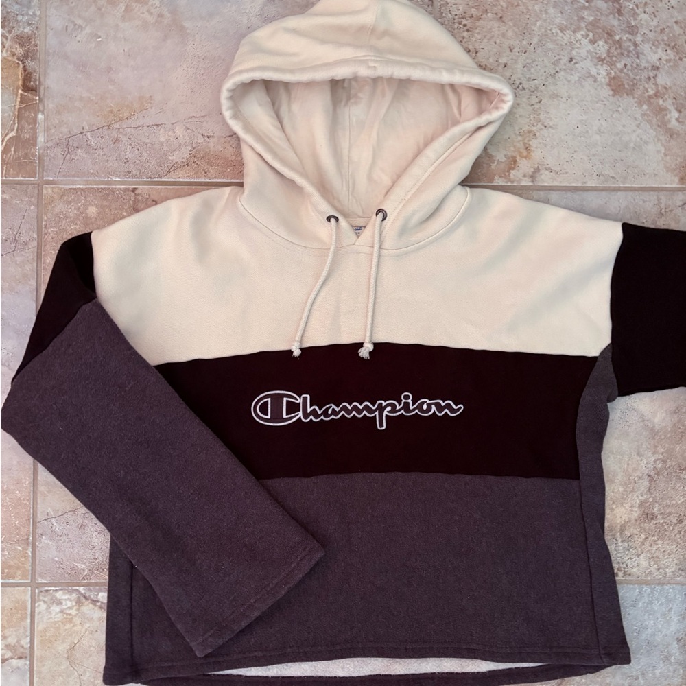 CHAMPION Color Block Cropped Hoodie Flare Sleeve Women’s XL Logo Pullover Active
